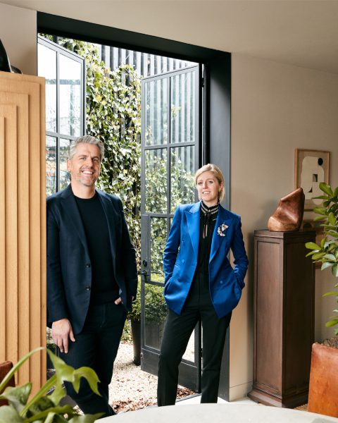 Portrait of husband and wife garden designers Damien and Jacqueline Harrison in the headquarters of their Brooklyn New York studio Harrison Green