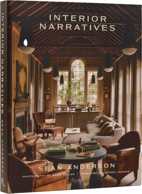 Cover of Rizzoli interior design monograph Interior Narratives by designer Sean Anderson with a cover featuring the barn-like great room of home on South Carolina's Edisto Island