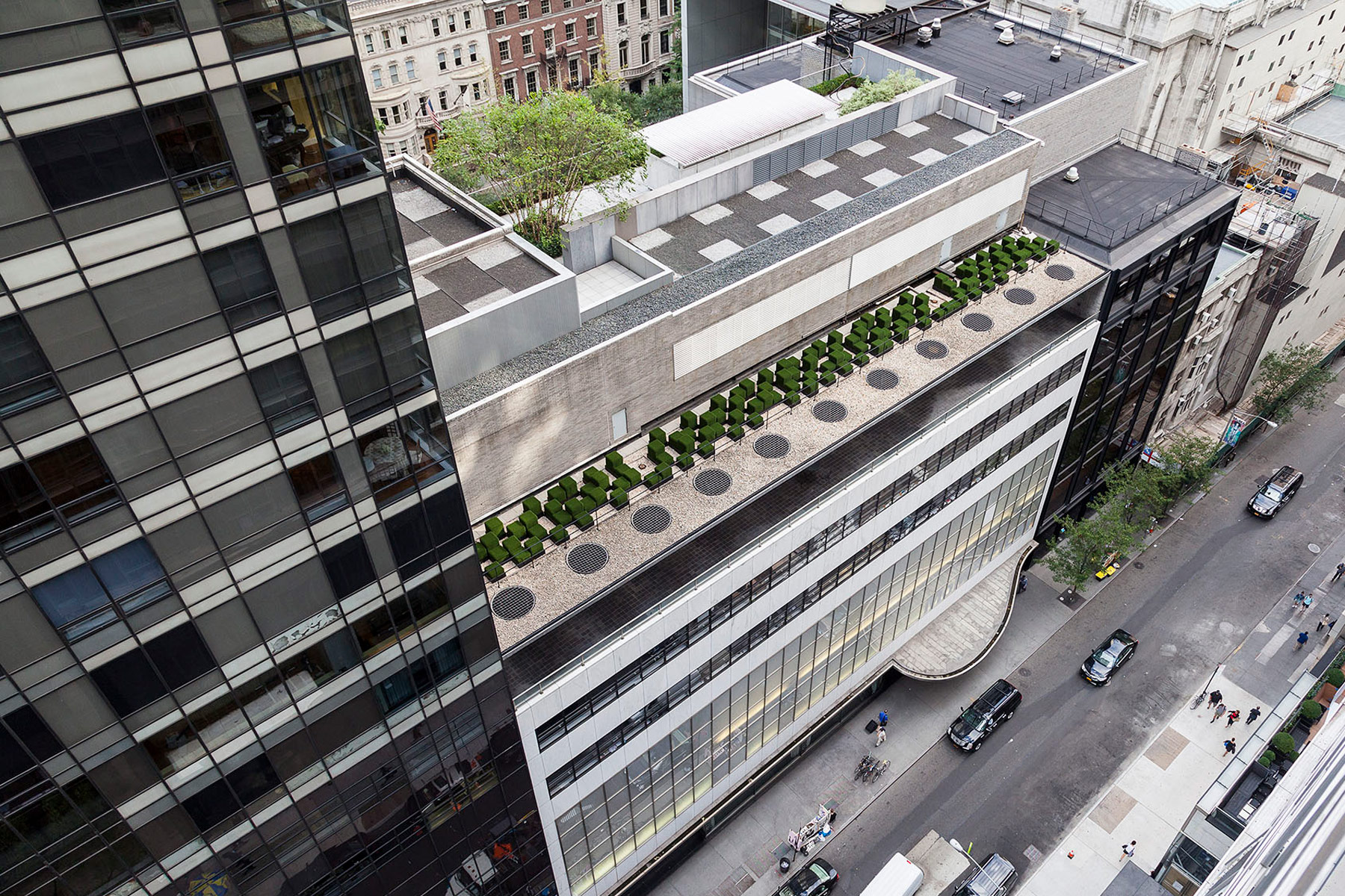 Rooftop Museum of Modern Art garden featuring Astroturf cubes designed by the Brooklyn firm Harrison Green for the top of MoMA's 1939 Edward Durrell Stone building